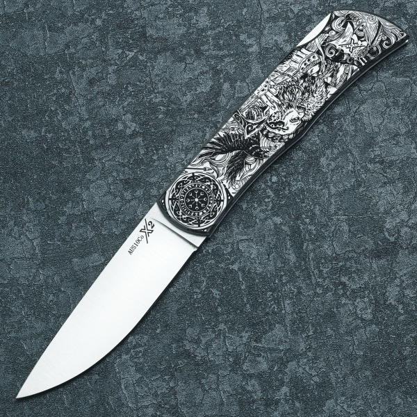 Миниатюра «X Folding tatto knife Викинг и валькирия»